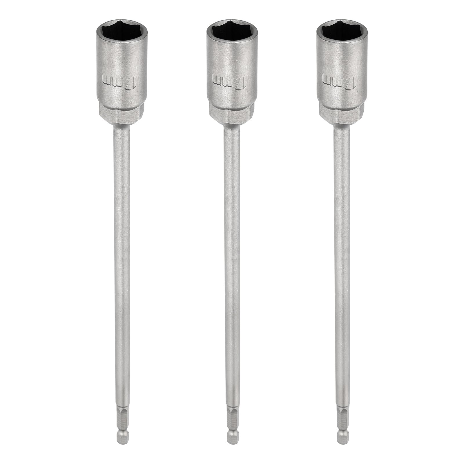 sourcing map 3pcs Nut Driver Drill Bit 17mm Metric Socket 1/4" Hex Shank 10" (250mm) Extra Long 6-Point Sockets Quick Change 40Cr Steel Bolt Setters for Power Drill Drivers
