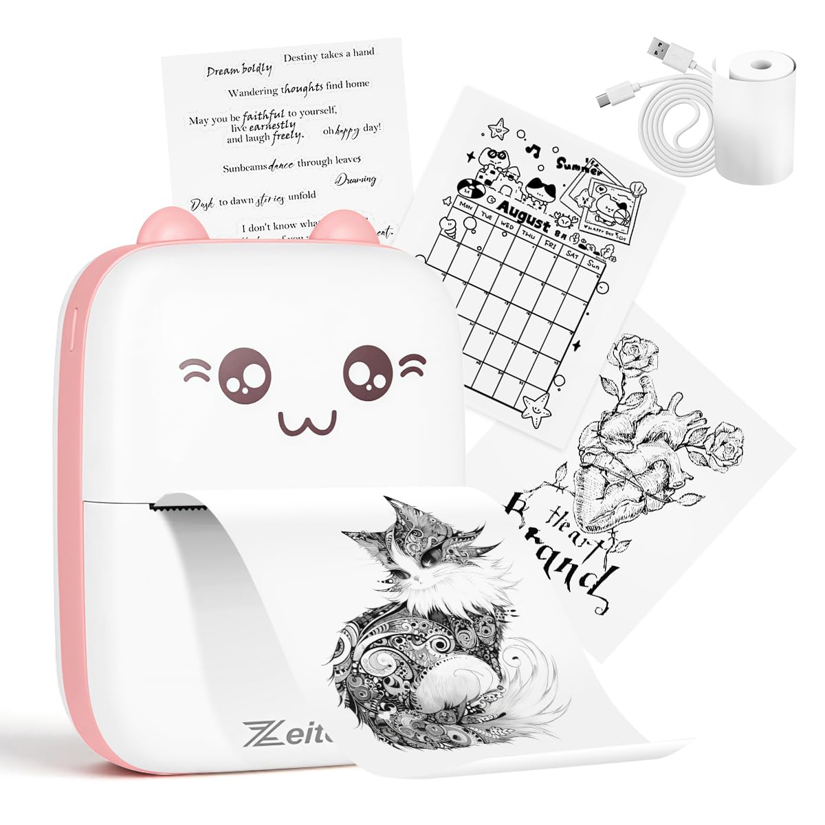 ZEITEL® Portable Bluetooth Thermal Printer, USB Cordless Ink Free Printer with APP(Fun Print), Compatible with Android & iOS System, Black on White Thermal Printer with 1 Roll Print Paper-picture-29