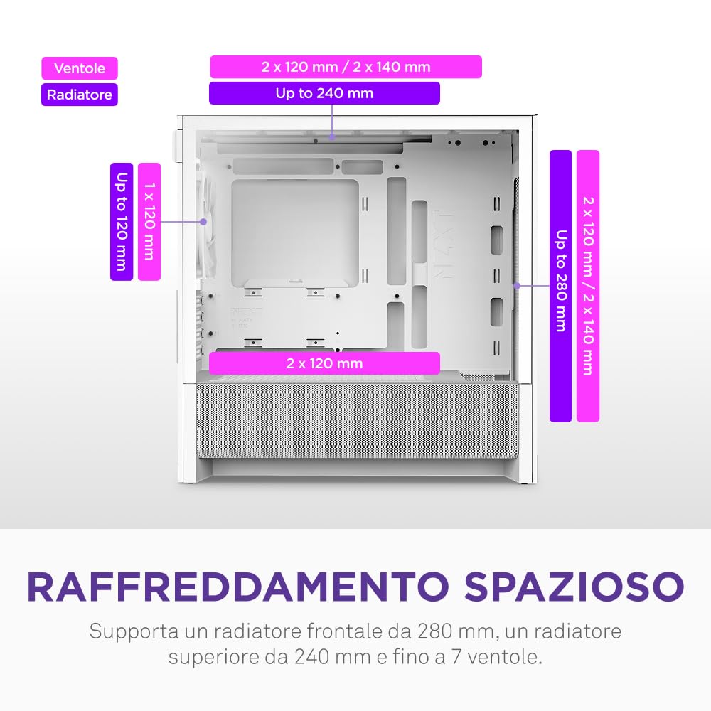 NZXT H3 Flow – Case PC Gaming Micro-ATX – Flusso d'aria ottimizzato – 1 ventola 120mm inclusa – GPU full-size – Radiatore 280mm frontale, 240mm superiore – Scheda madre con conn. posteriore – Bianco