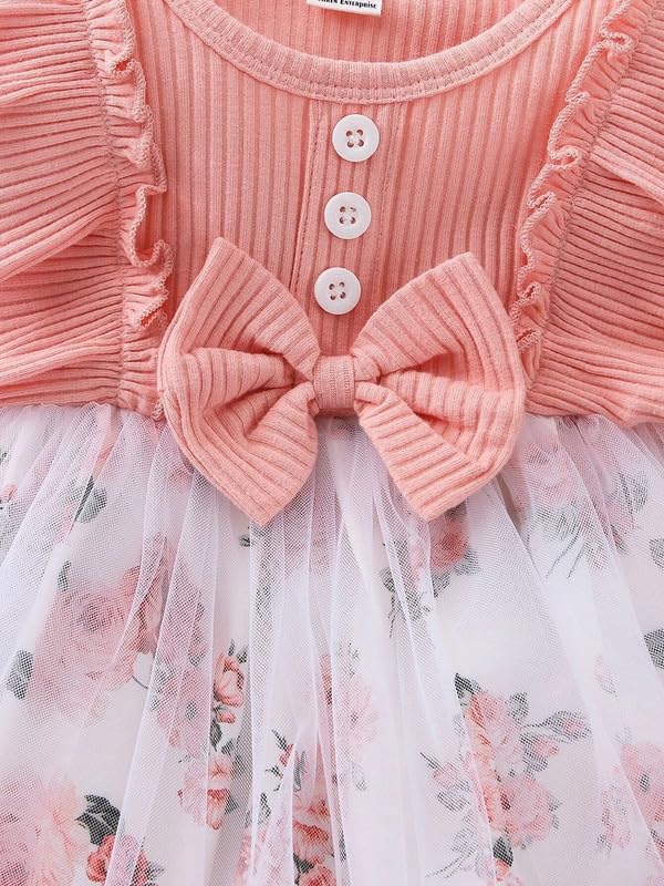 Image of Niren Enterprise Peach Bullfinch Baby Girls Modal and net and KitKat Fabric Full Sleeve Floral Printed Baby Girl Frock (Peach Bullfinch, 1-2)