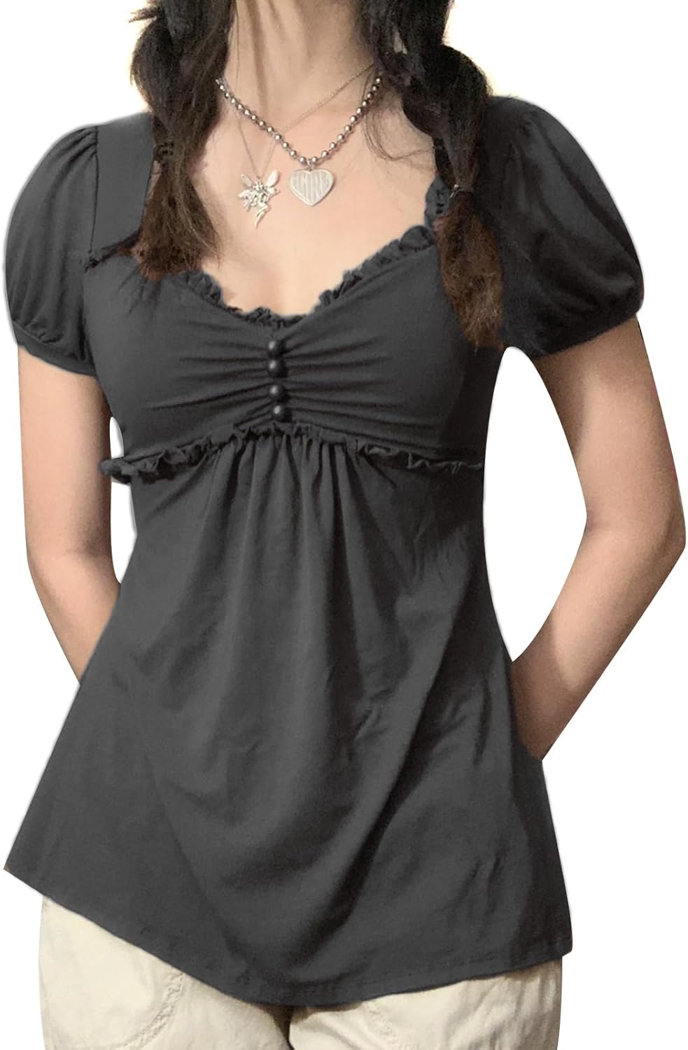 Women Short Sleeve Coquette Shirts Fairy Grunge Lace Floral Babydoll Tops Vinatge E-Girls Aesthetic Tunic Tops - Image 2