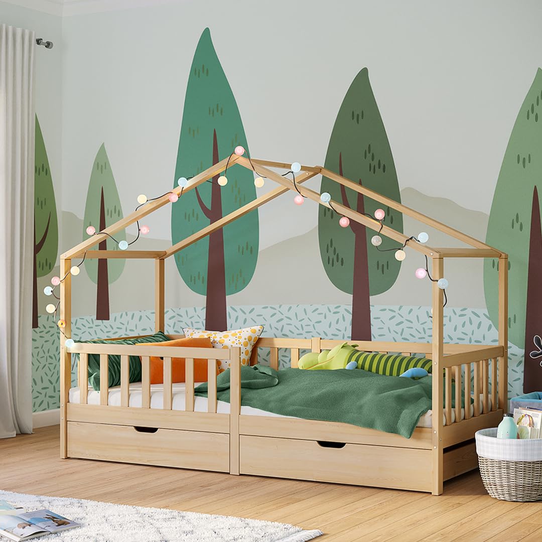 Bellabino Bia Kinderbett 90x200 cm – Hausbett mit Rausfallschutz, Lattenrost & 2 Schubladen – Montessori Kinder Bett aus Massivholz Kiefer – Bett für Jungen und Mädchen mit Stauraum in Natur