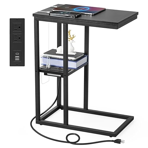 Vagusicc C Shaped End Table with Charging Station, Small Side Table for Couch, Snack Side Table with USB Ports and Outlets for Small Spaces, Slide Under Sofa Table TV Tray Arm C Table for Living Room - Black