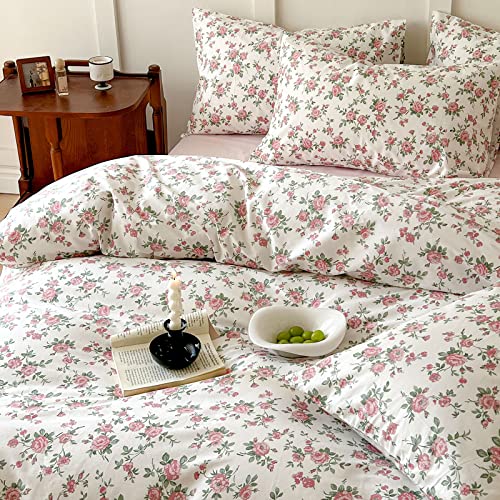 VM VOUGEMARKET Peach Pink Flower Duvet Cover Set Twin Cotton Girl's Blossom Comfoter Cover with Zipper Closure,Cottagecore Bedding Set-68"x86"