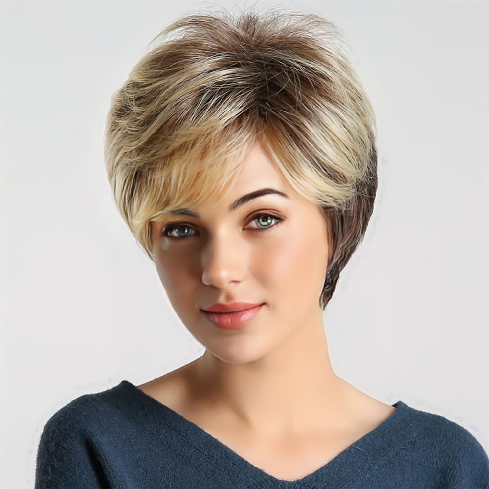 YuanYouTong Short Pixie Cut Wig for Women - Blonde With Dark Roots, Bangs, Natural Straight, Fluffy Layered, Heat Resistant Synthetic Hair Replacement for Party Daily Wear - Image 2