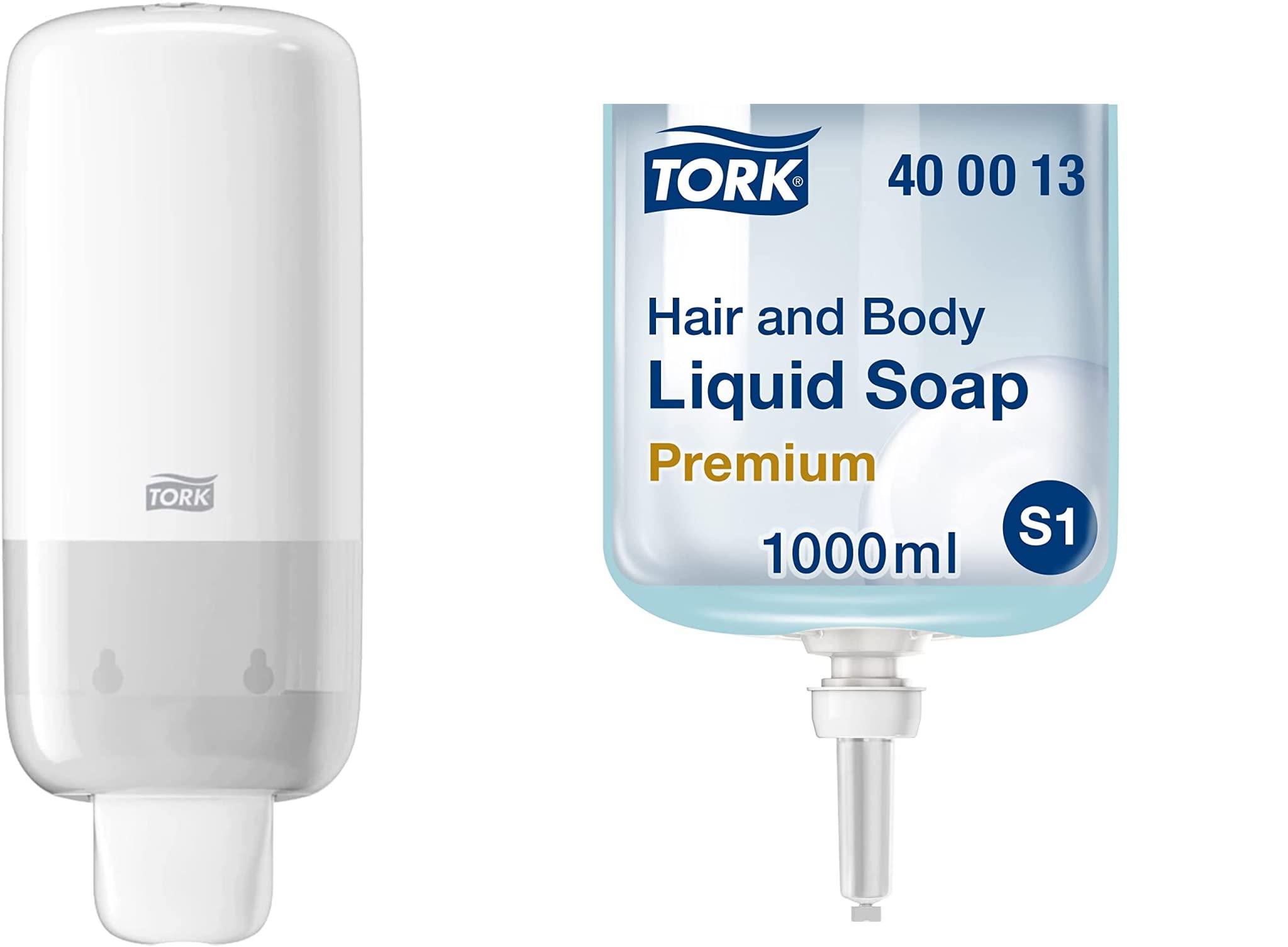 Tork Liquid Skincare Dispenser for Liquid Soap and Hand Sanitizer White - S1, Pack of 6 + Tork Hair and -Body Liquid Soap S1, Refreshing Scent, 6 x 1L, 400013