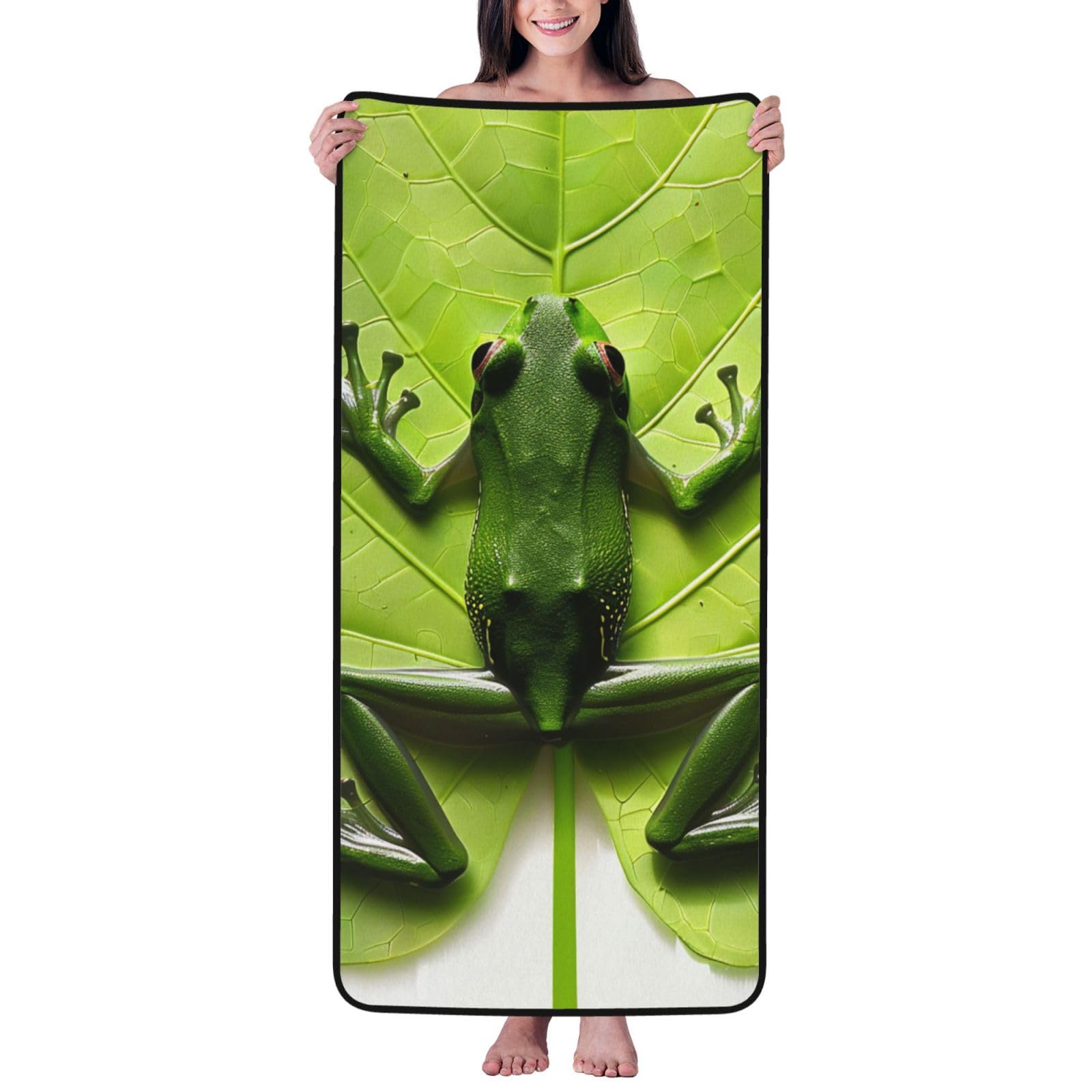 WPKJU Frog Leaves Printed Bath Towel with Black Edging - 27x55 in Soft Extra Absorbent Coral Velvet Shower Towels for Bathroom
