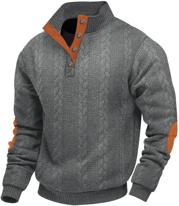 TAFLE Men's Block Striped Sweatshirt Casual Outdoor Long Sleeve Stand Collar Pullover Sweatshirt Button Quarter Sweater