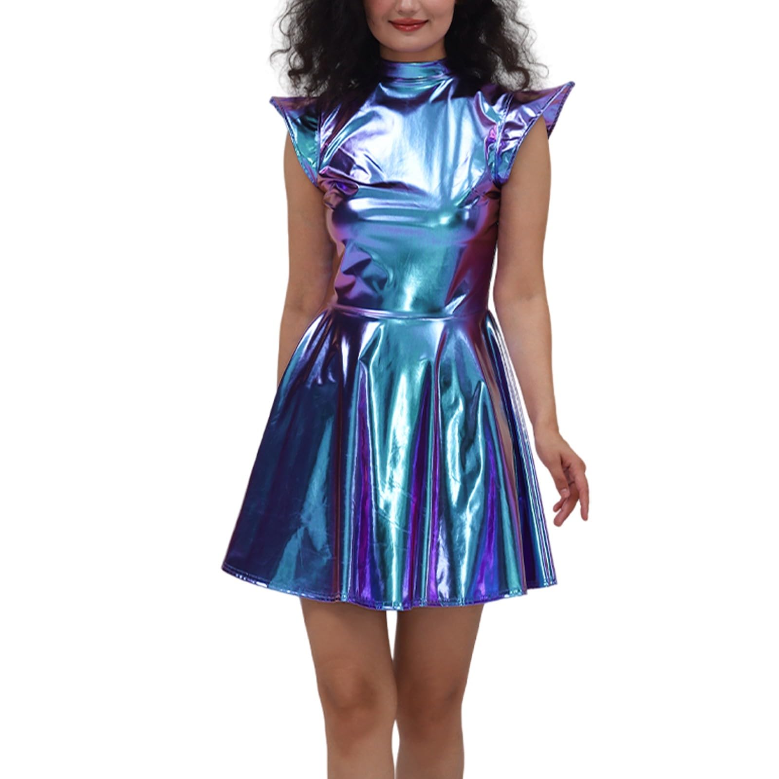 Alien Costume Women's Metallic Shiny Party Dress for Carnival, Fancy Dress & Rave, Space Girl Outfit as Clubwear for Disco & Night Club, blue, M