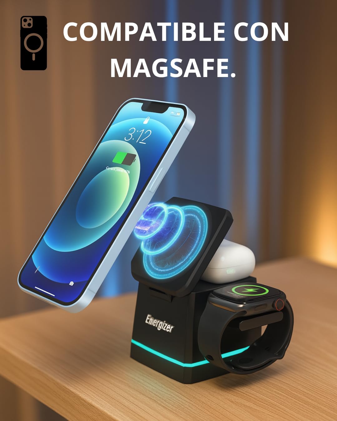 Energizer WCP307 3-1 Cargador de escritorio inalámbrico de 15 W | Carga rápida para smartphone, auriculares y Apple Watch, compatible con MagSafe, soporte plegable con soporte ajustable, USB-C, seguro