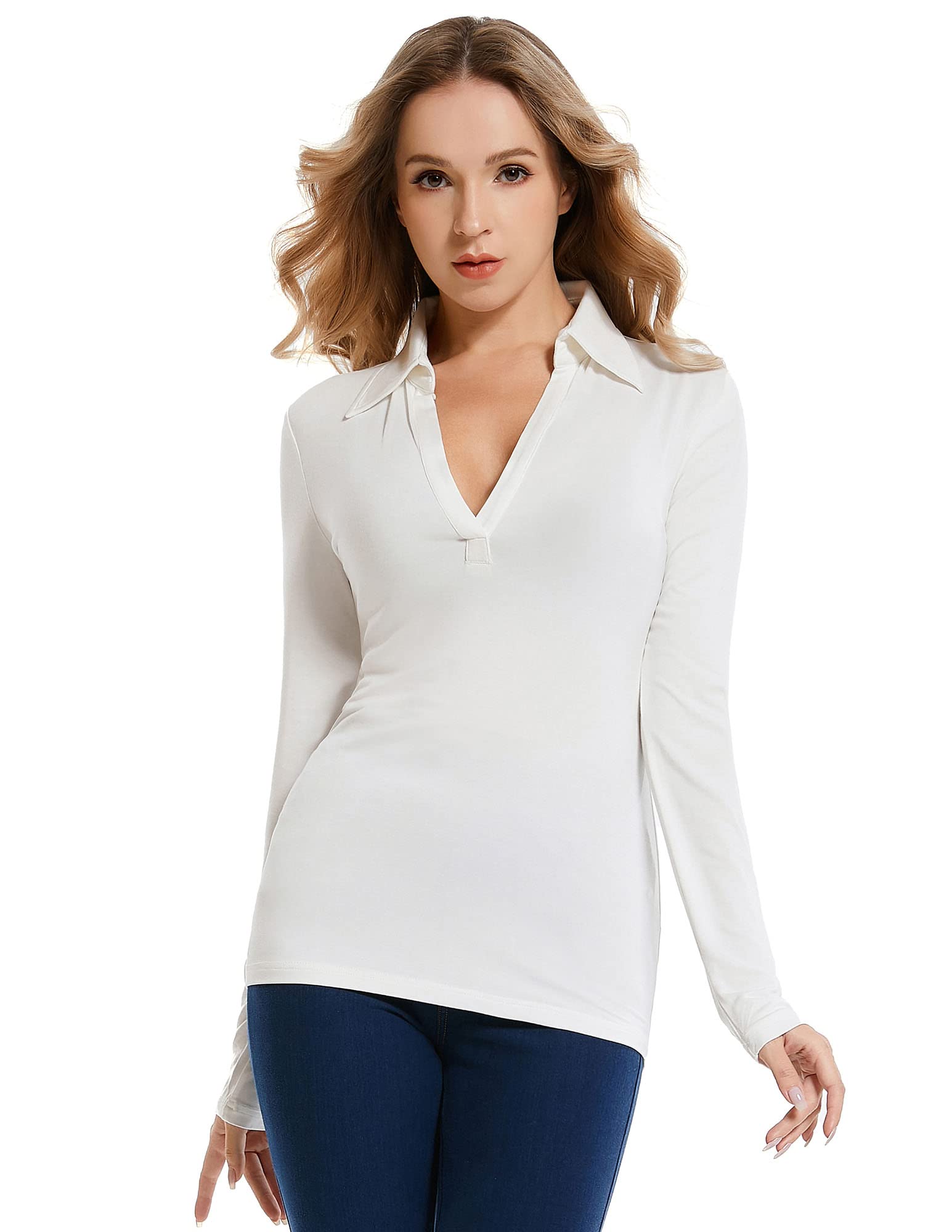 AmélieBoutik Women Collar V Neck Long Sleeve Polo Shirt, Ivory White, L