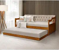 Sofá Cama Dublin Estofado Capitonê Veludo Bege Madeira Maciça com Cama Auxiliar - Castanho