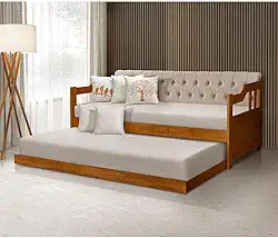 Sofá Cama Dublin Estofado Capitonê Veludo Bege Madeira Maciça com Cama Auxiliar - Castanho