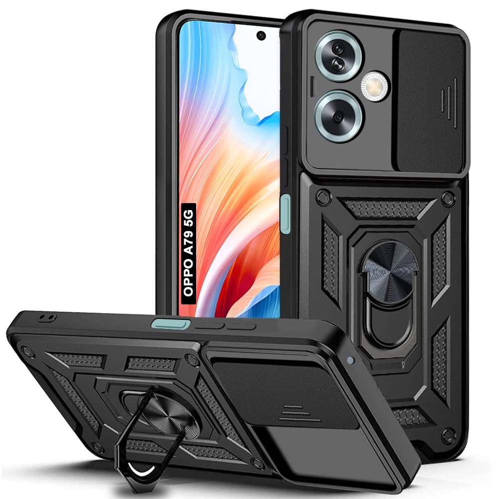 AESTMO Tough Armor Oppo A79 5G Bumper Back Case Cover | Ring Holder & Sliding Camera Shield Cover | 360 Degree Protection Back Case Cover for Oppo A79 (Black) - Polycarbonate