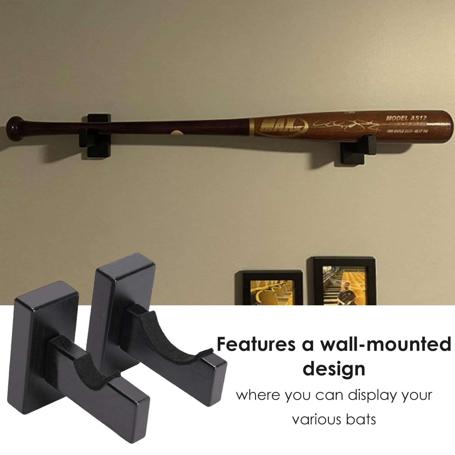 1 Pair Baseball Bat Holders, Wooden Baseball Bat Holder, Horizontal Baseball Bat Holder, Wall-Mounted Baseball Bat Holder - Image 4