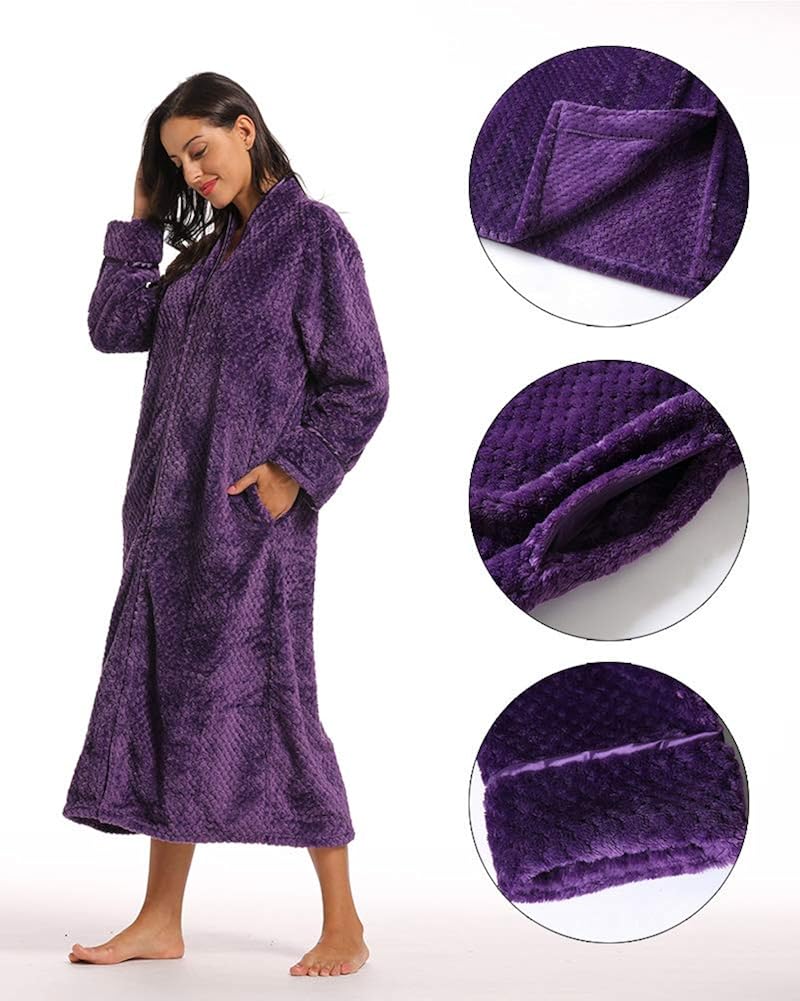 Foucome Womens Fleece Robe Long Soft Zip-Front Bathrobe with Two Side Pockets