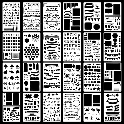 Juego de 24 plantillas reutilizables para diario, plantillas de plástico para diario, plantillas para álbumes de recortes, para álbumes de recortes, manualidades, proyectos de arte, álbumes de fotos