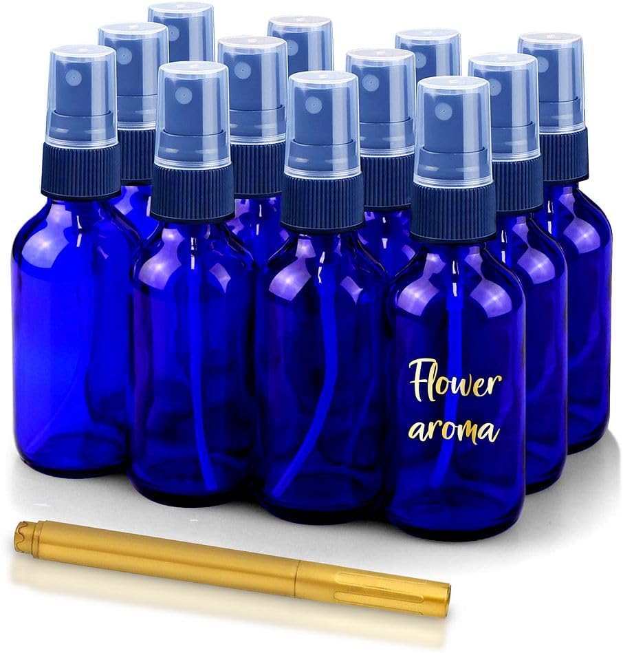 CULINAIRE 2oz Glass Spray Bottles for Essential Oils with Gold Pen Marker, Small Fine Mist Spray Bottle, Refillable, for Hair Spray, Essential Oils, Colognes, and Hand Sanitizers, Blue, Pack of 12