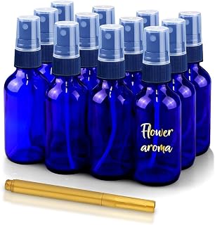 2oz Glass Spray Bottles for Essential Oils with Gold Pen Marker, Small Fine Mist Spray Bottle, Refillable, for Hair Spray, Essential Oils, Colognes, and Hand Sanitizers, Blue, Pack of 12
