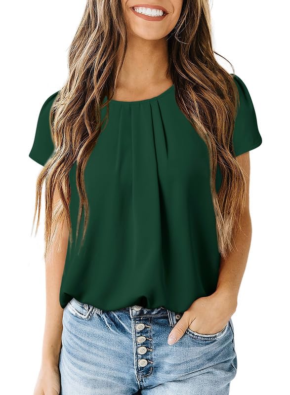 Dokotoo Women's Casual Round Neck Basic Pleated Tops Short Sleeve Loose Fit Curved Keyhole Back Chiffon Blouses Tshirts3