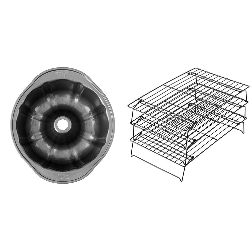Wilton Perfect Results Premium Non-Stick 9.51-Inch Fluted Tube Pan & Excelle Elite 3-Tier Cooling Rack for Cookies, Cake and More, Black