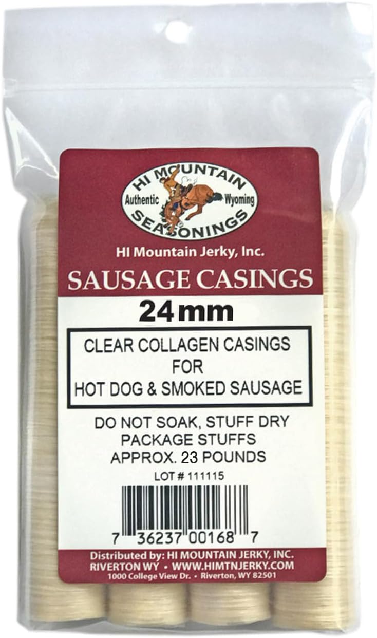 Seasonings | 24 mm HOT DOG CASINGS | Clear, Edible, Collagen Sausage Casings | Also Great for Brats, Polish, & Italian Sausage Links | Beef, Pork, Venison | Creates up to 30 lbs.