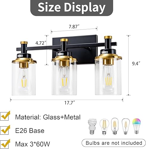 Miniatura 4 de Lámpara de baño de 3 luces, lámpara de tocador negra y dorada cepillada sobre el espejo, moderna lámpara de pared para baño, dormitorio, pasillo con