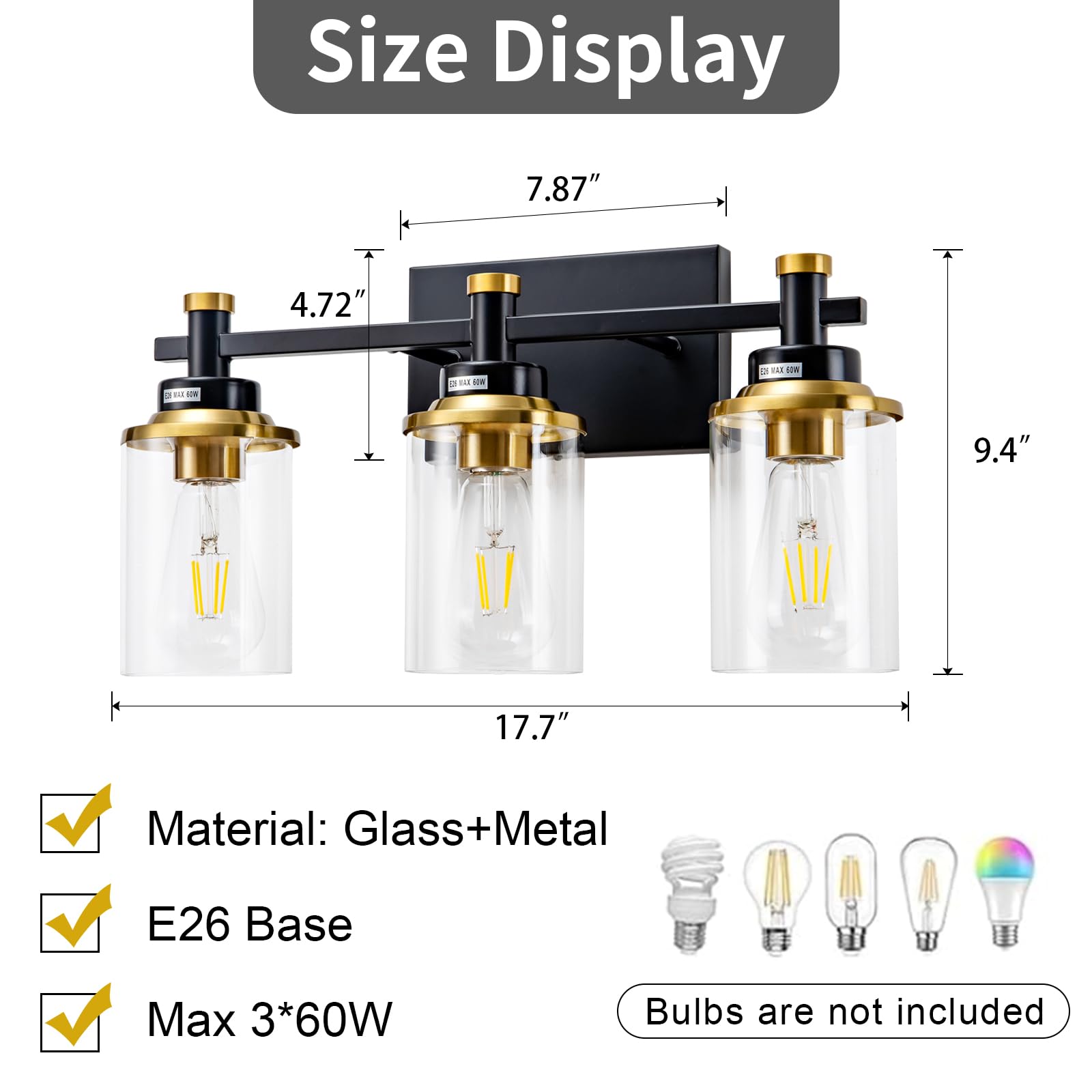 3 Light Bathroom Light Fixtures Black and Brushed Gold Vanity Light Fixture Over Mirror Modern Wall Sconces Lighting — view 4