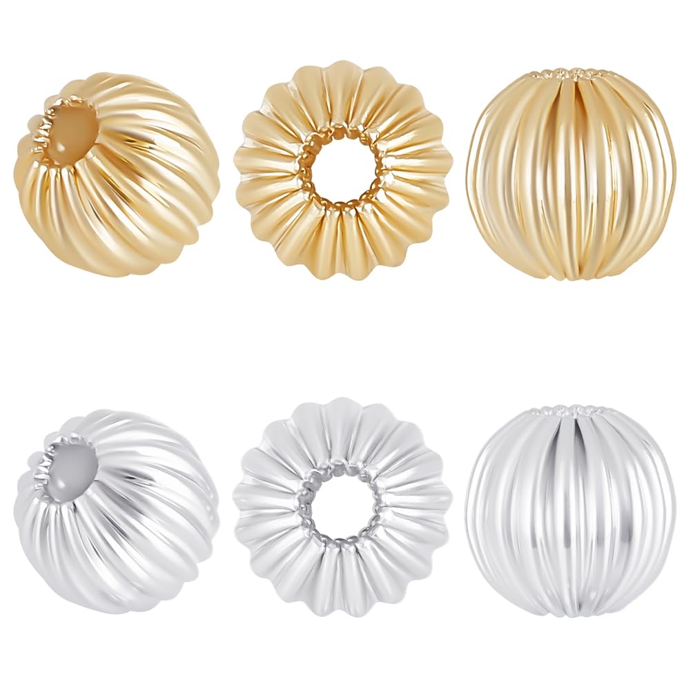 Beebeecraft 100Pcs 2 Colors Round Metal Beads 6mm 14K Gold & 925 Sterling Silver Plated Corrugated Round Beads Ball Loose Spacer Bead for Jewelry Making DIY Crafts Supplies Bracelet Necklace — image 1