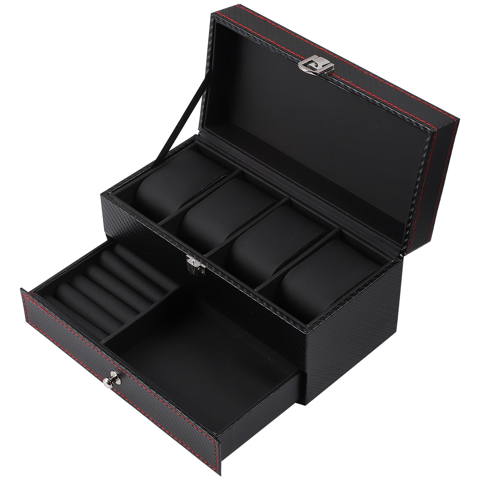 ifundom Boîte de Rangement pour Montres et Bijoux en Cuir Noir et Bois, Solide et Facile à Nettoyer, Stockage de Bijoux Engagements