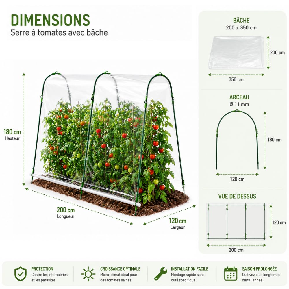 TERRE JARDIN Serre à tomates de Jardin 200x180x120 cm avec Film Plastique Haute résistance & arceaux Acier - Microclimat, Protection tomates Contre intempéries, idéale jardinière Tomate