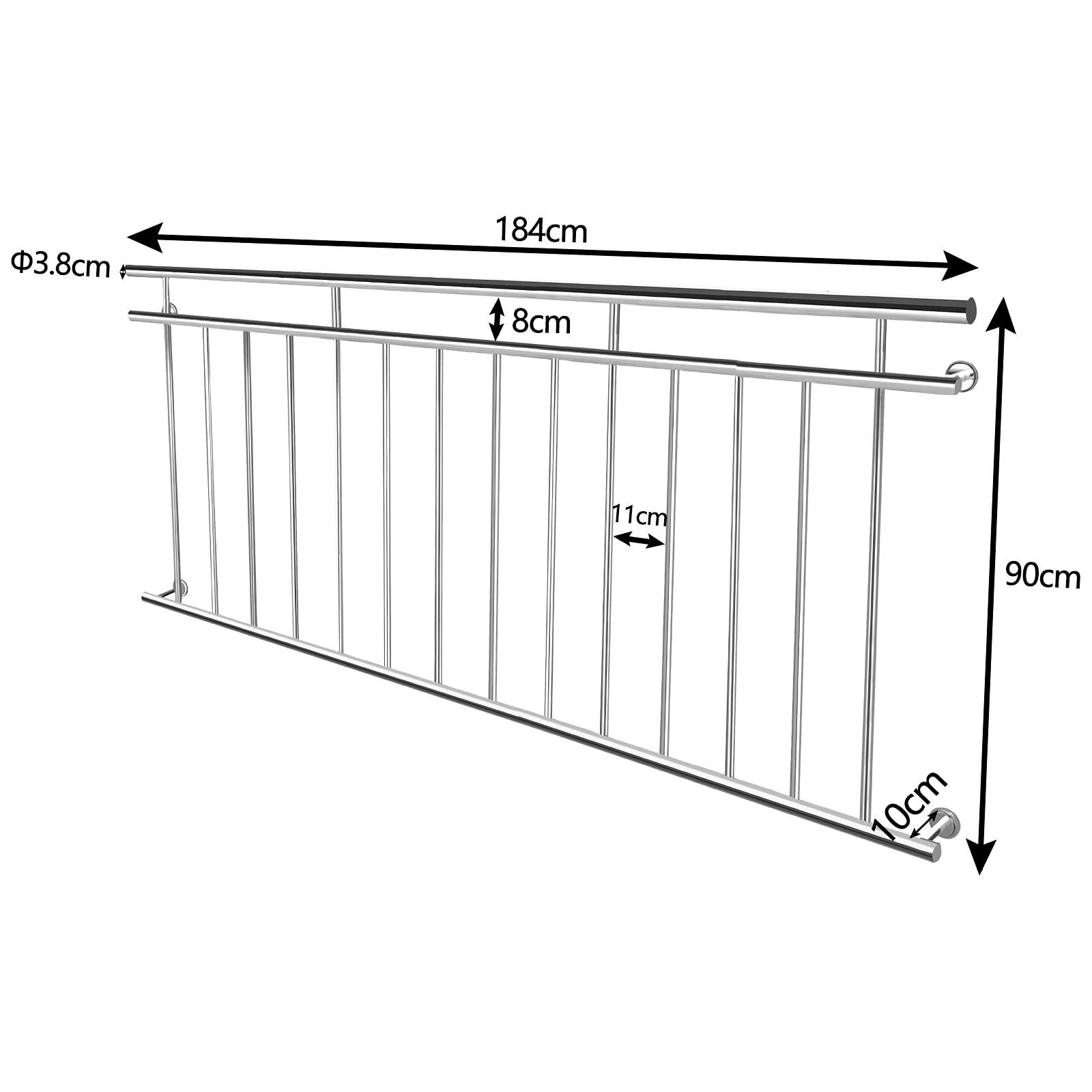 Aufun Balcone francese, 184 x 90 cm, ringhiera in acciaio inox, ringhiera con 14 barre di riempimento, ringhiera per balcone, ringhiera per finestre esterne