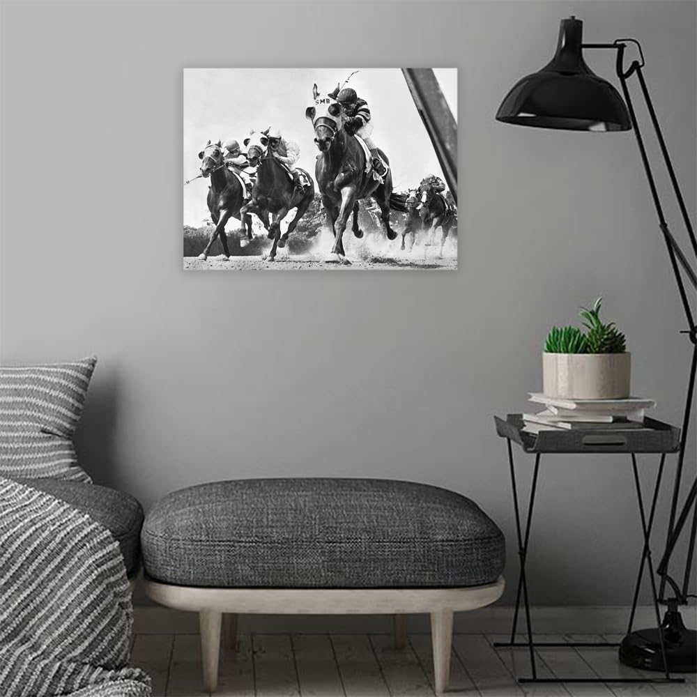 VERRE ART Printed Framed Canvas Painting for Home Decor Office Wall Studio Wall Living Room Decoration (22x14inch Wrapped) - Horse Racing At Belmont Park