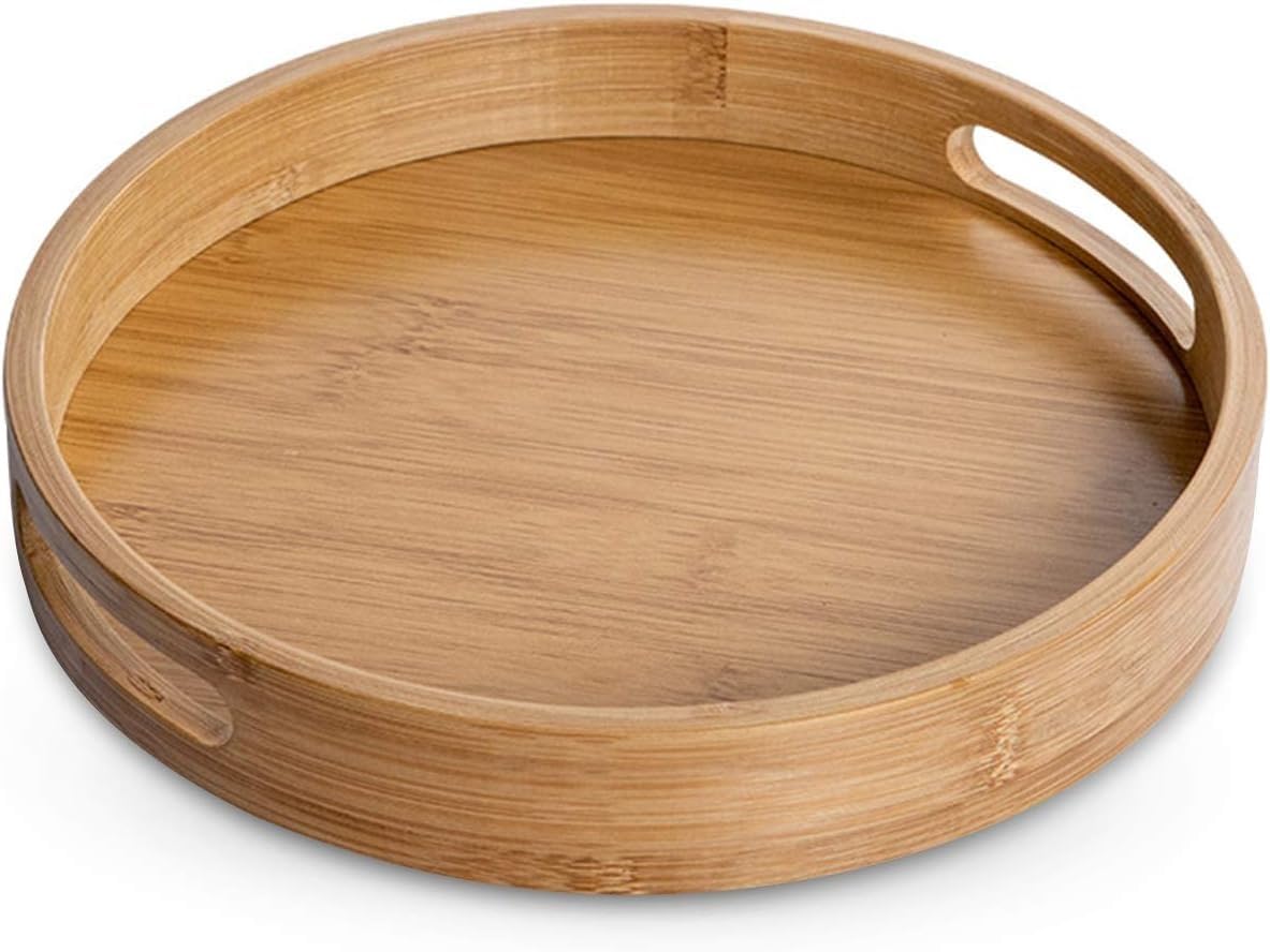 Slish Bambusowa taca do serwowania z uchwytami, 25 cm, okrągła taca na śniadanie, kolację, kawę, wino, herbatę i owoce, akcesoria kuchenne i jadalniane