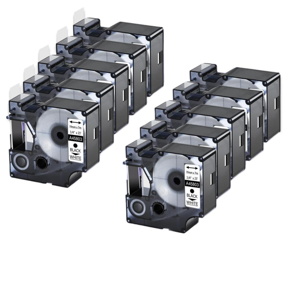 Confezione da 10 nastri per etichette nero su bianco da 19 mm compatibili con il nastro D1 45803 per stampante LabelManager 300 420P