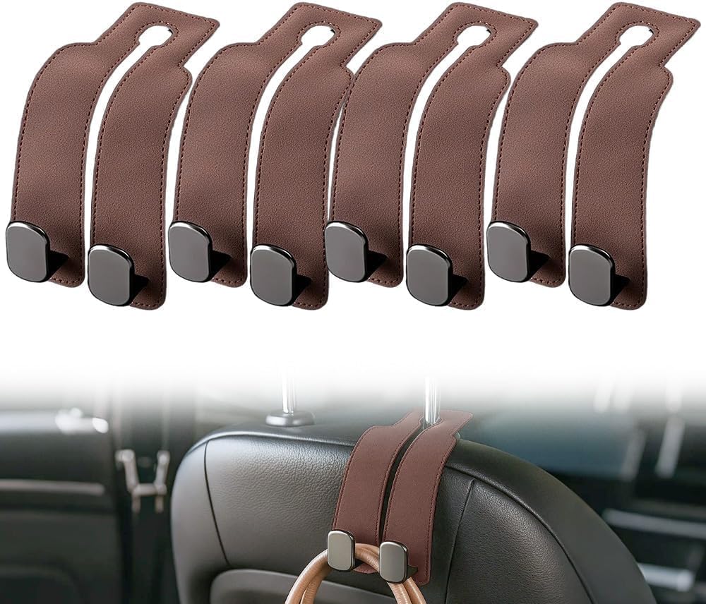 REBPUE Car Headrest Hook for Mercedes-Benz H243 EQA 2021 2022 2023 2024 2025, Suede Fabric Vehicle Back Seat Hanger, Dual Metal Storage Holder, Purse Grocery,Brown-4pcs