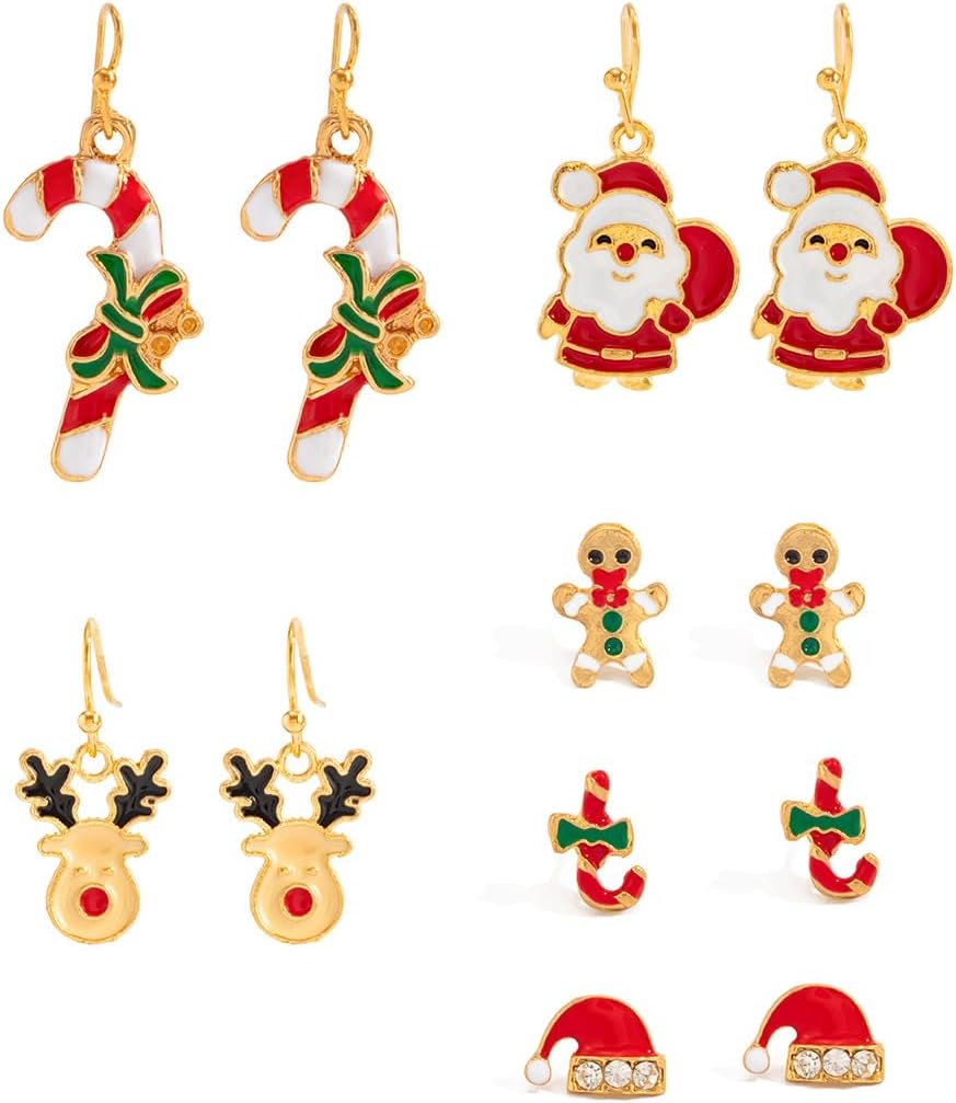 6 Pairs Christmas Earrings for Women, Xmas Holiday Dangle Earrings Christmas Tree Bells Santa Claus Bows Snowflakes Reindeer Gingerbread People Socks Studs Earrings Bulk Cute Christmas Party Jewelry Gift