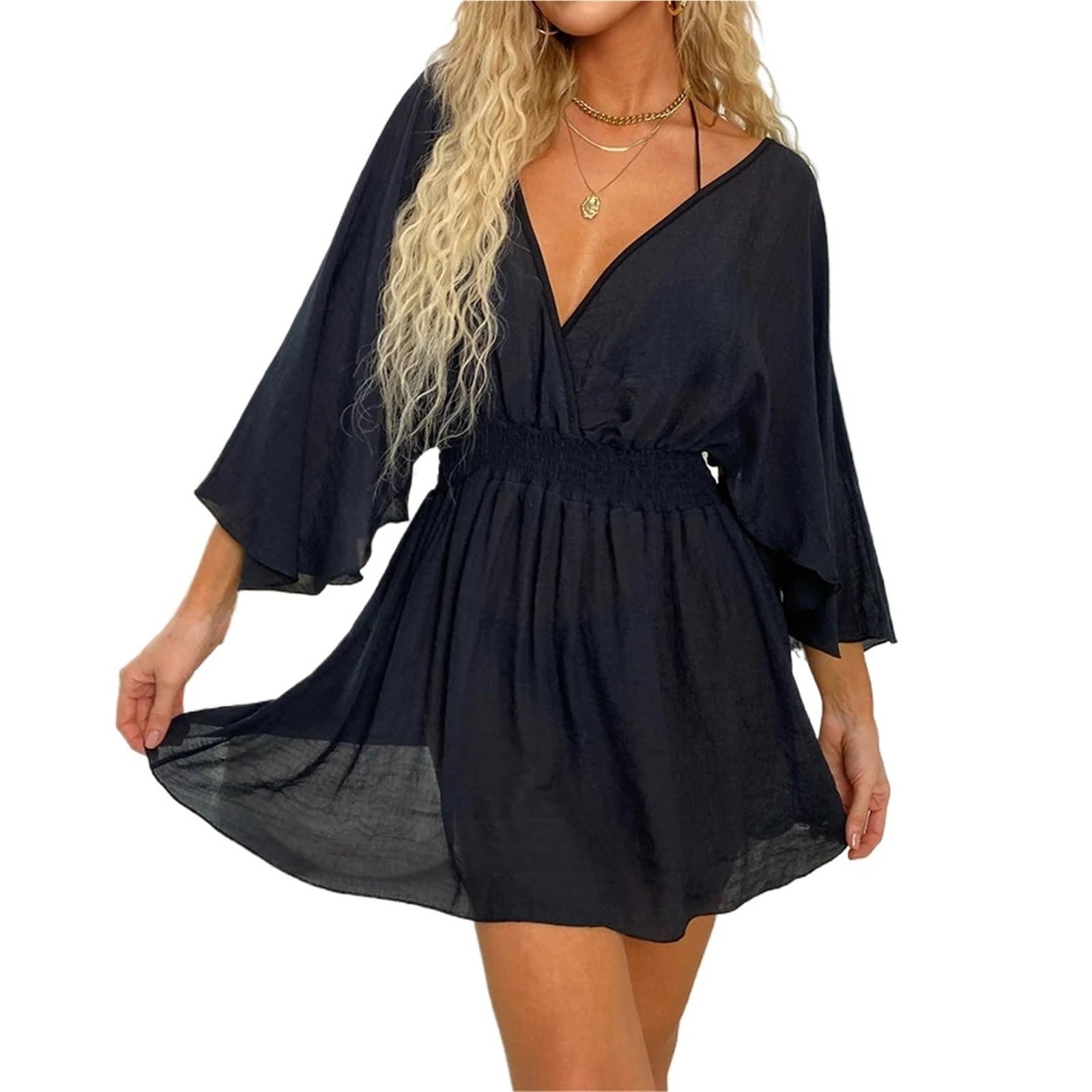 Robe De Plage Robe de Plage Sexy col en V Manches Longues Dos Nu Cache-Maillot de Plage Cache-Maillots de Plage Robe de Plage for la Plage pour Femmes(Black)