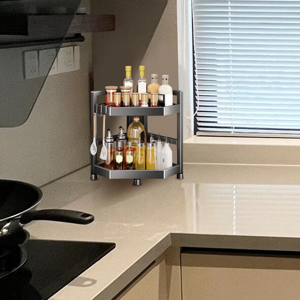 Scaffale ad Angolo Cucina rastrelliere rastrellino a 2 Livelli rastrelliere spezie in Piedi in Piedi colaio angolare condimento per spezie Portatore di spezie con 2 Ganci,11.8IN