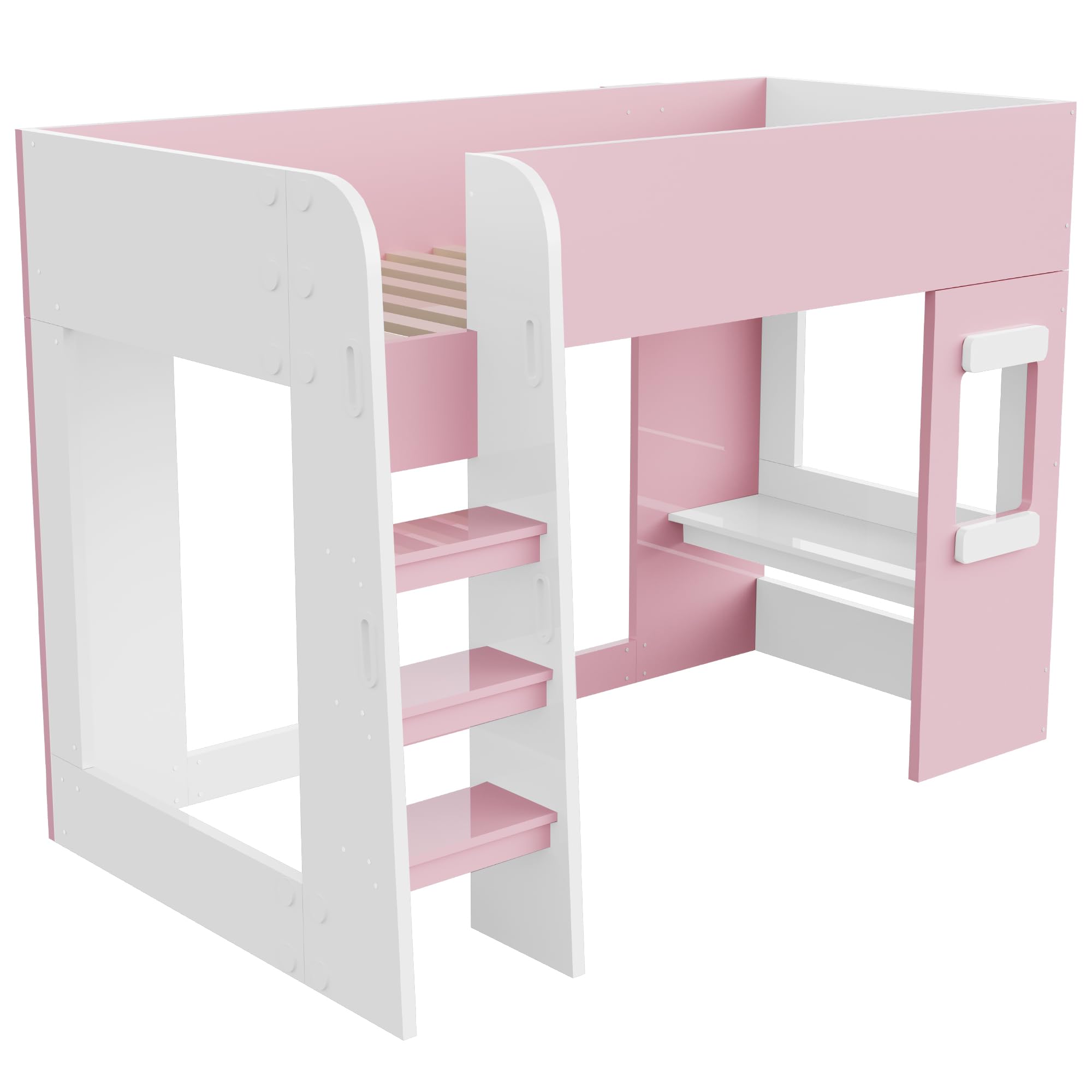 Merax Lit mezzanine en bois 90 x 200 cm avec barre lumineuse, petit bureau, barrière de protection haute et échelle sûre, lit pour adolescent, lit simple, rose (sans matelas)