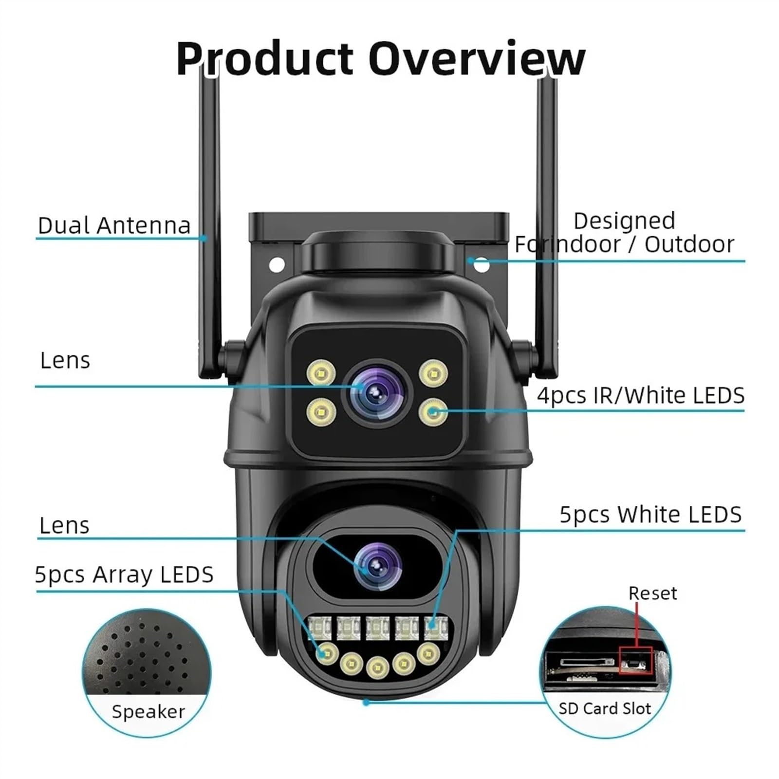 Caméra de sécurité, Caméra extérieure sans Fil PTZ 4K 8MP, Double Objectif, Audio bidirectionnel, détection Humaine, Vision Nocturne Couleur, IP66, sécurité(4MP Camera No Card)