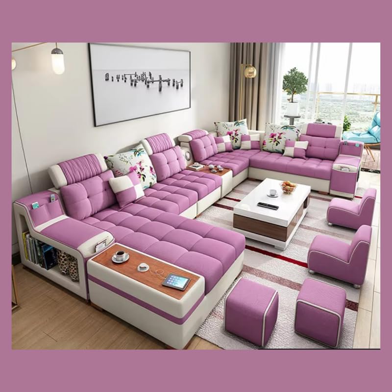 Image of Homax. Livia 12-Seater Modular U-Shape Sectional Sofa Set - Interchangeable Design, Smart Console, Bluetooth Speakers, USB Deck, Adjustable Headrests, Multi Storage | Color: Pink-White