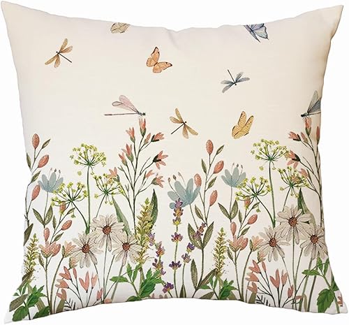 Miniatura 1 de RABUSOFA Funda de almohada de primavera de 18 x 18 pulgadas, almohadas decorativas de flores silvestres, margaritas, libélula y mariposas, fundas de