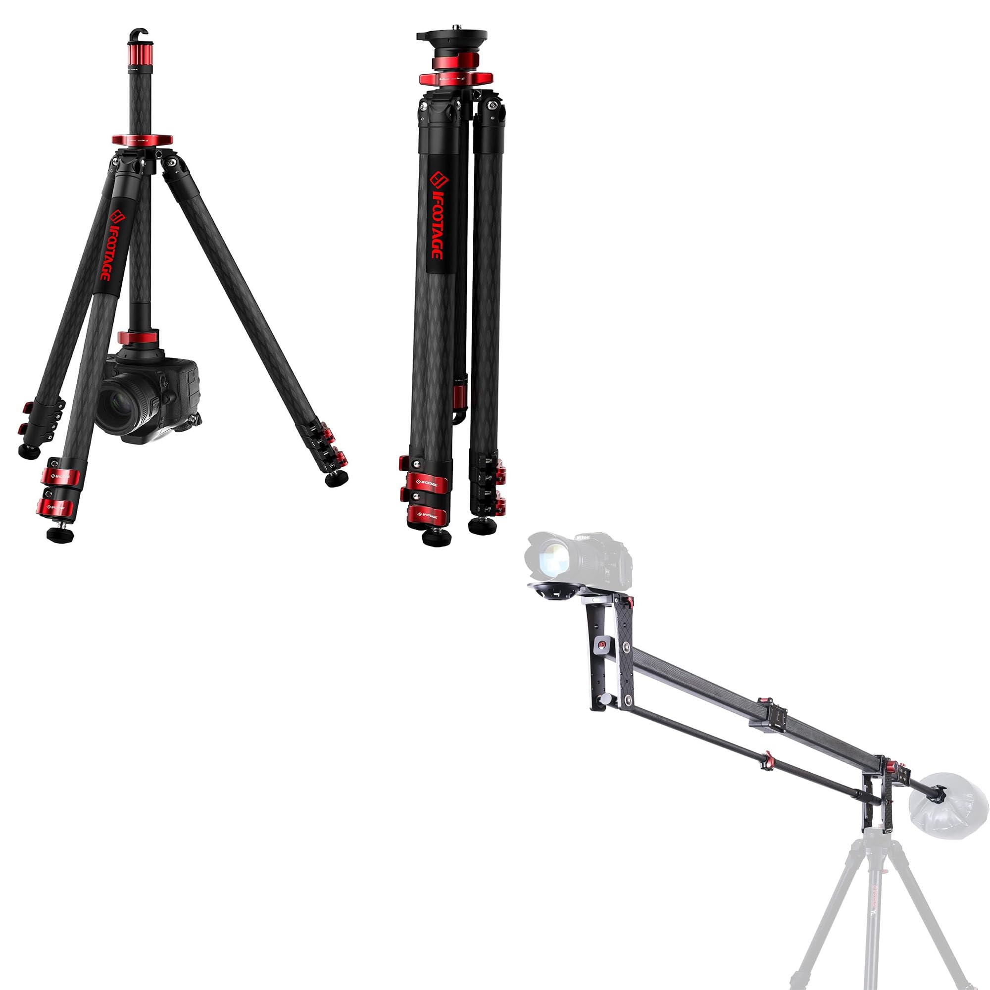 IFOOTAGE Bundle – 65" Carbon Fiber Video Tripod with Centre Pole and 85" Carbon Fiber Mini Jib Crane M1 III, Professional Support for DSLR Cameras, Camcorders, and Video Productions