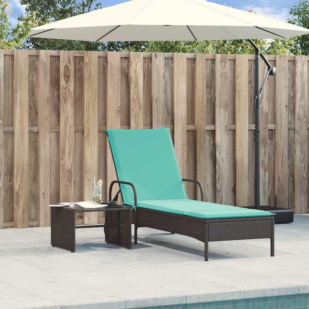 Lettino prendisole con ruote, lettino da giardino in polyrattan con schienale regolabile e comodo cuscino, mobili da giardino per terrazza e balcone, 61 x 200 cm, nero/turchese