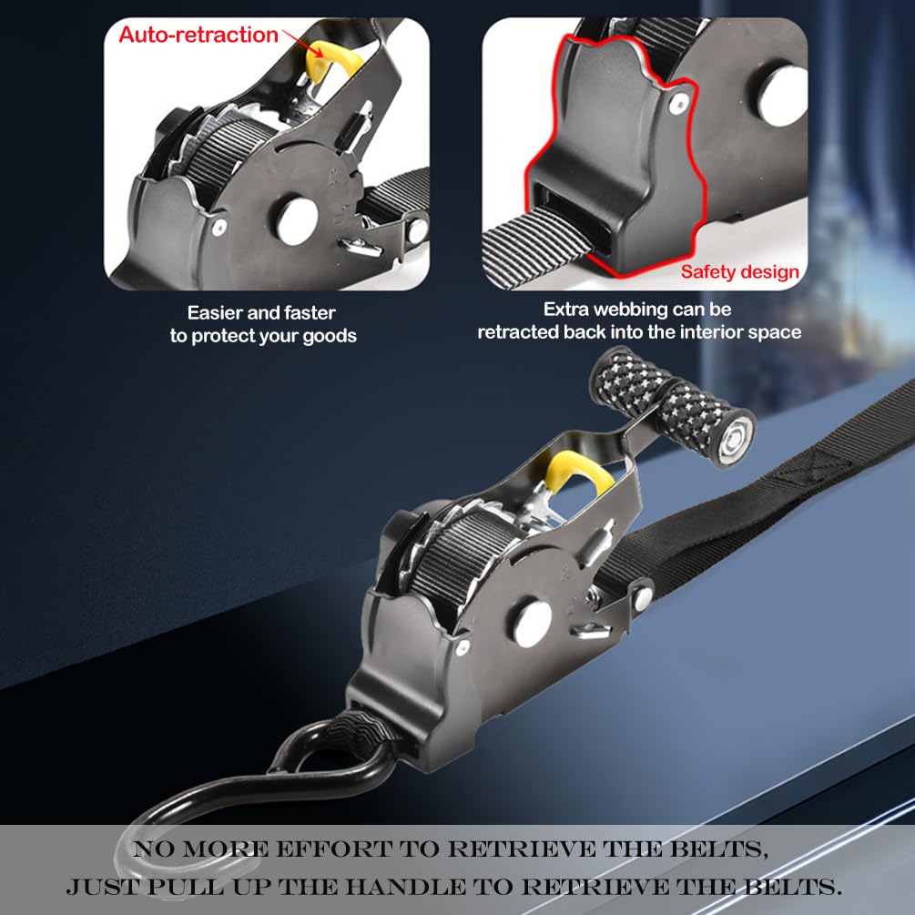 M&Catree Sangles d'Arrimage à Cliquet Rétractables (Paquet de 2) – Résistance à la Rupture de 680 kg, Sangles d'arrimage à rétraction Automatique 2.5cm x 3.3m avec poignées rembourrées