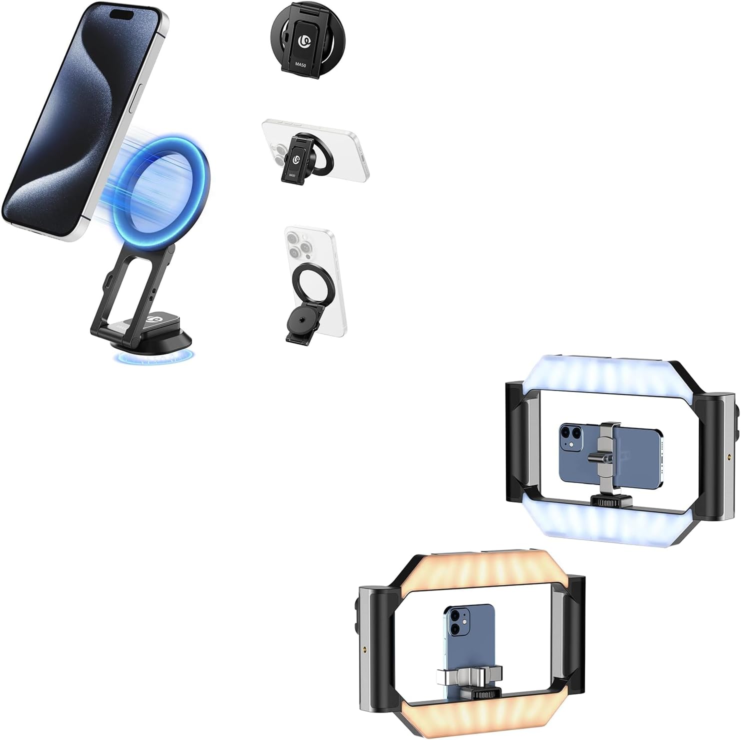ULANZI Smartphone Video Rig with Light, 5000mAh U-Rig Light Cell Phone Handheld Stabilizer with Ring Light + ULANZI MA50 Aluminium Dual Magnetic Phone Tripod Stand Holder for Magsafe
