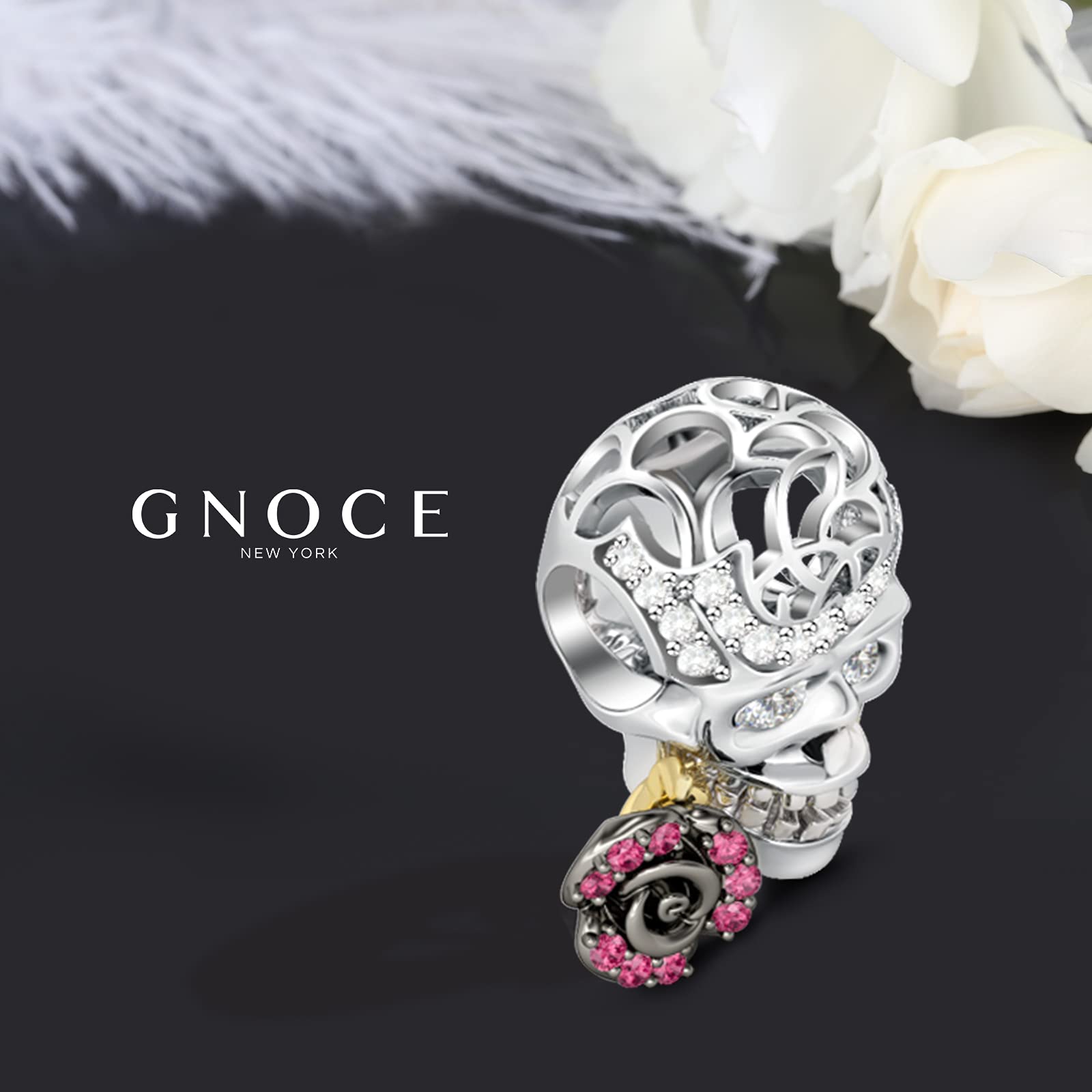 GNOCE Abalorio de plata de ley 925 con diseño de calavera, compatible con pulseras y collares