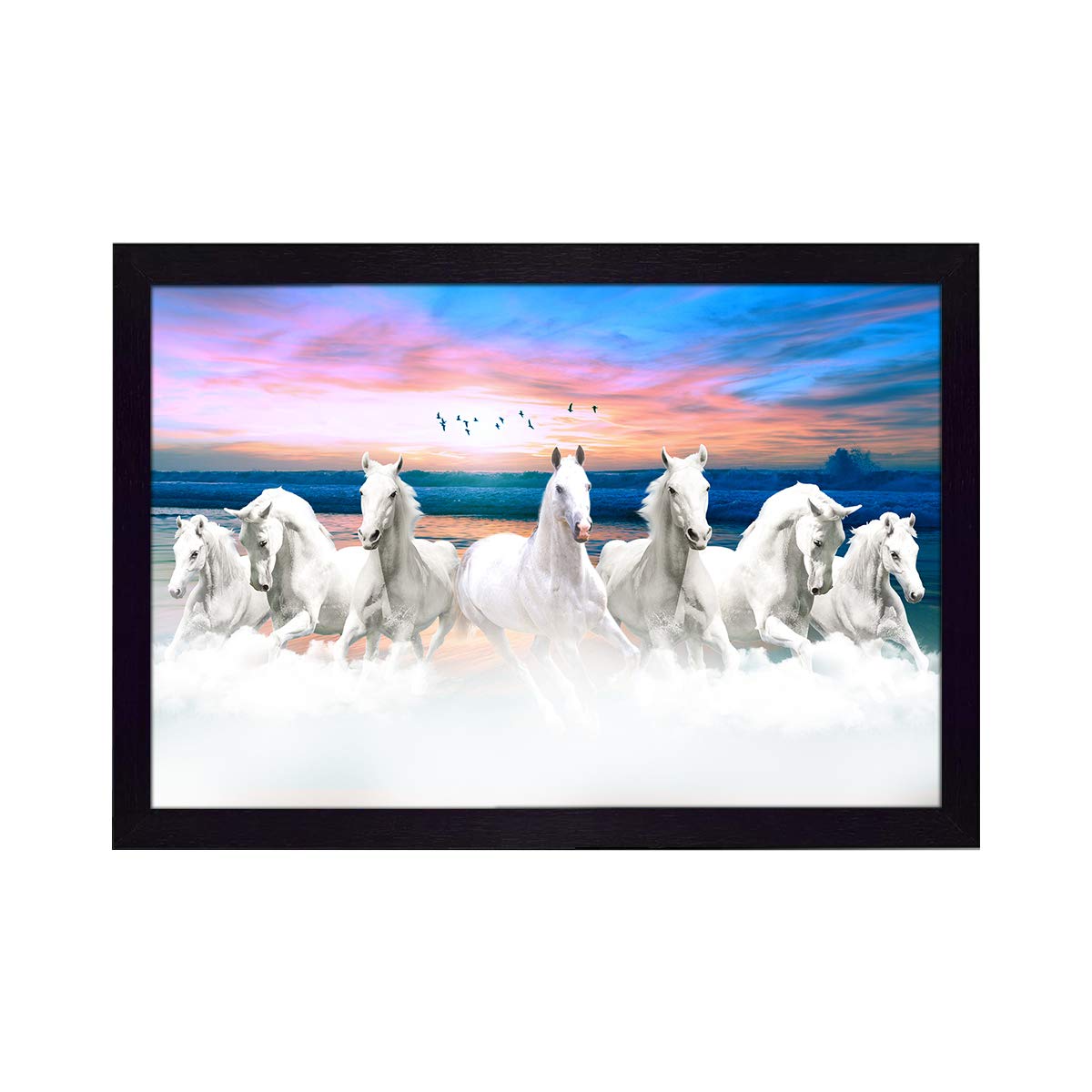 Ritwika's Abstract Wall Art Of Seven White Horses In Scenic Background With Frame for Home and Office Decor | 13.5 inch x 9.5 inch | Multi Colored | Digital Painting