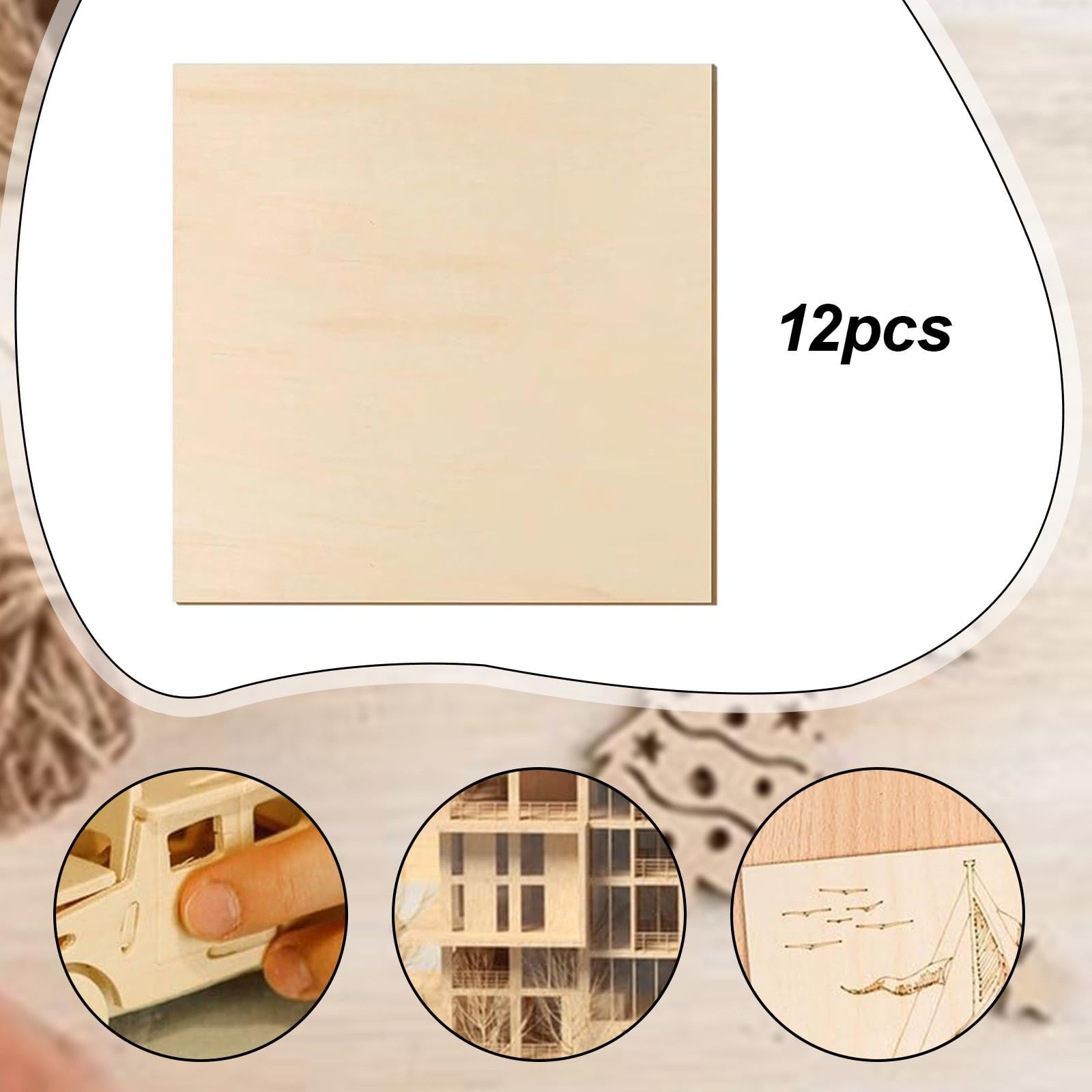 12 Piezas Hojas de Madera Natural Tablas de Contrachapado para Tallar y Pintar Corte Preciso Superficie Lijada Adecuado para Arquitectura Miniatura y, 12 Piezas, 3mm